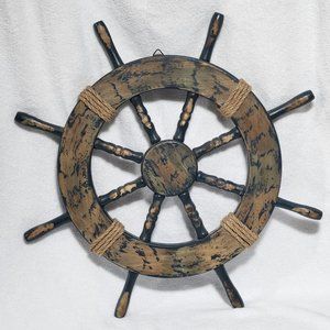 23"  Distressed Nautical Ship Wheel Hanging Wall Decor With Rope Accents